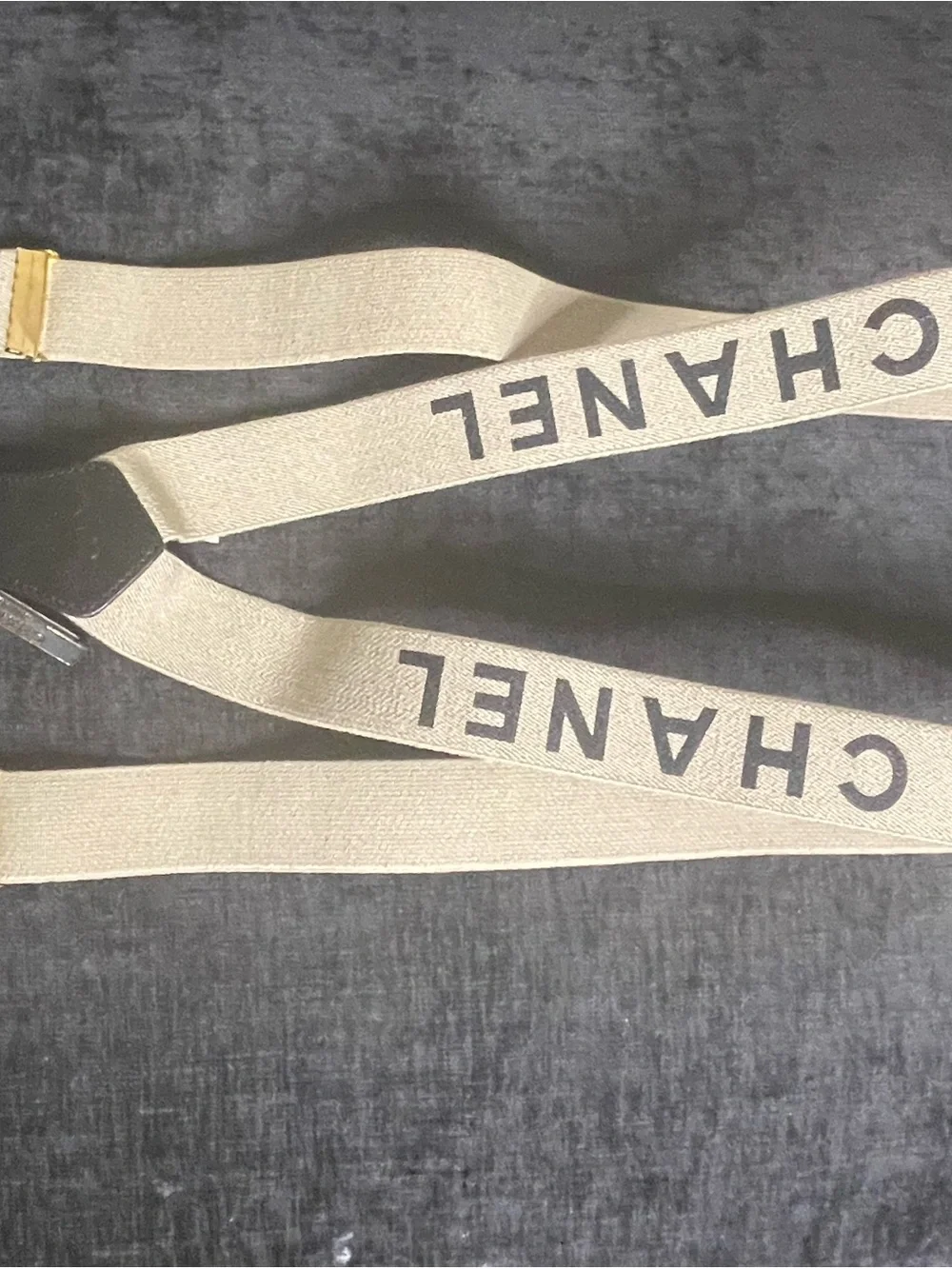 CHANEL Beige Logo Webbing Suspenders with Black Leather Connector
